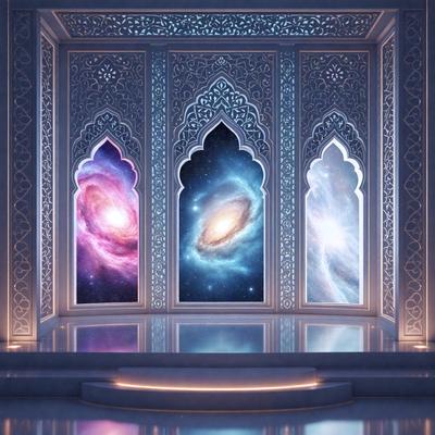 The primary subject of the image is a large, ornate window with three different colored panels. The setting is a room with a white marble floor, and the visual style appears to be a digital art or illustration. The colors and mood of the image are predominantly blue, with a sense of calmness and serenity.
